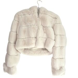 Kaylee Collection Cream Faux Fur Hooded Cropped Jacket Size S